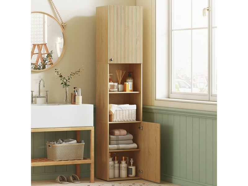  Armoire de salle de bain haute, 6 niveaux, 2 placards, 2 étagères ouvertes, compartiments ouverts, bois, couleur chêne  - Conforama C
