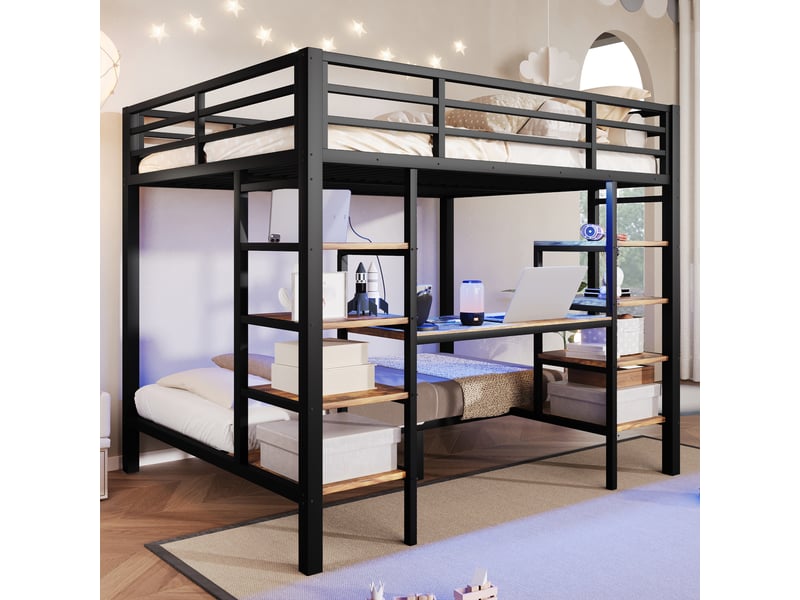  Lit superposé familial 140x200 et 90x200 cm, étagères, led, prise, usb et type-c, métal noir Radiant Stride - Conforama B