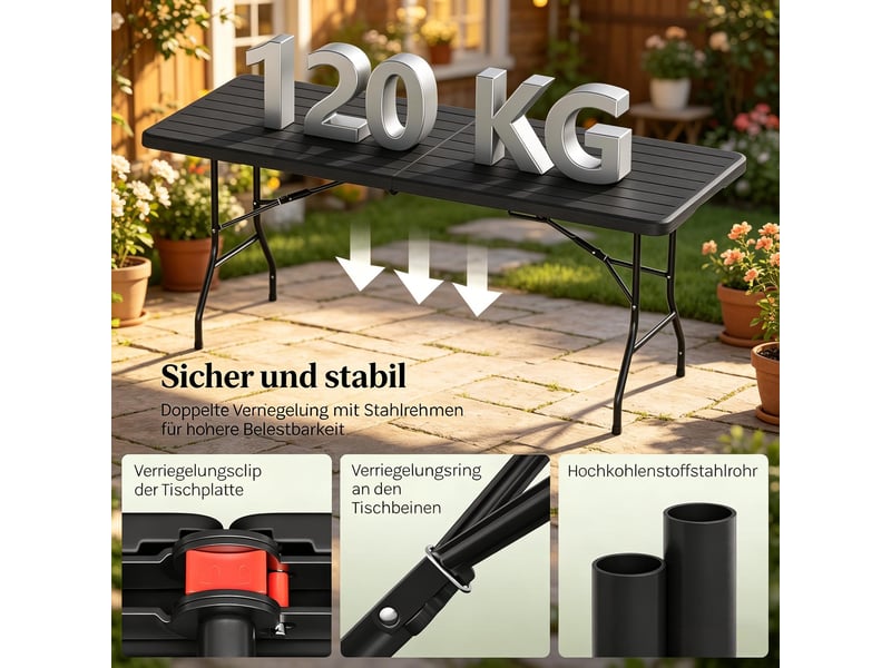 Klappbarer alkon tisch 180x74 cm hdpe holz-look outdoor esstisch buffet gartentisch tragbar balkon camping 8 pers.  - Conforama E