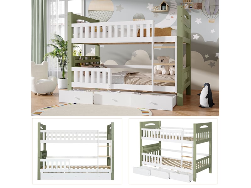 Lit superposé enfant 2 places 90 × 200 cm avec échelle, barrière, étagère et 3 tiroirs, sans matelas, blanc vert - Conforama D