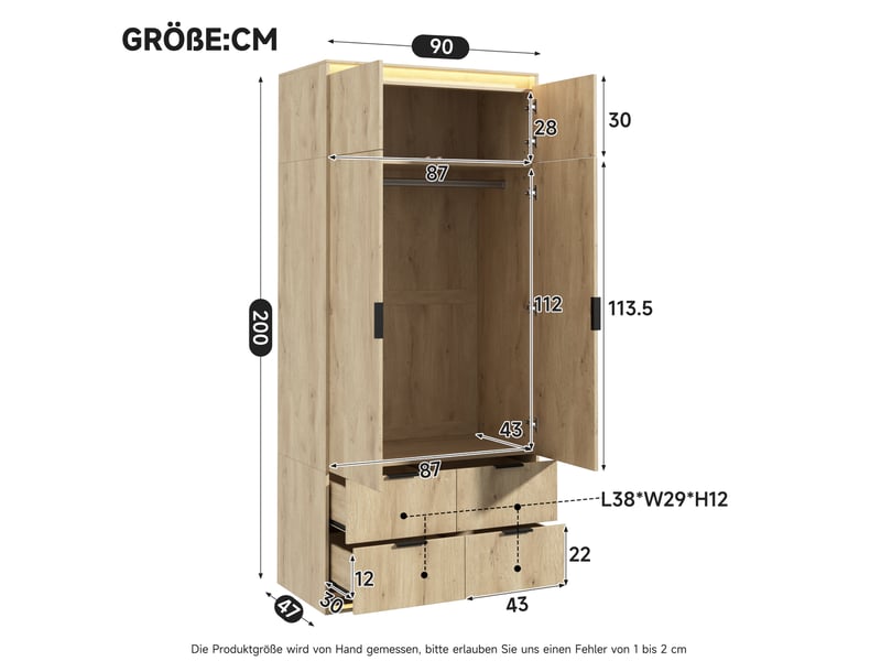 Armoire 2 portes 90x47x200 cm avec miroir, led et 4 tiroirs décor chêne  - Conforama C