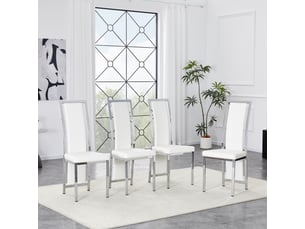 Lot de 4 chaises de salle à manger en cuir pu blanc avec cadre en métal argenté, dossier haut 109 cm