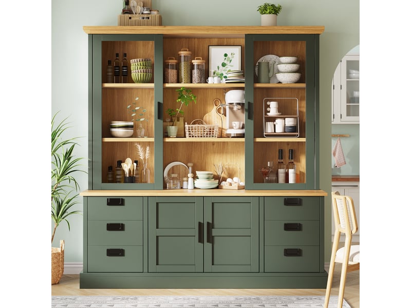  Buffet haut de 140x40x185 cm, vaisselier avec 6 tiroirs, portes doubles, étagères réglables et anti-basculement, vert foncé ABC - Conforama E
