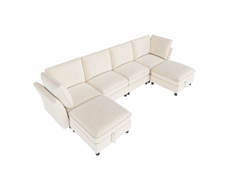  Canapé d'angle modulaire 6 places en tissu beige avec 2 poufs de rangement, composition libre en u ou l  - Conforama A