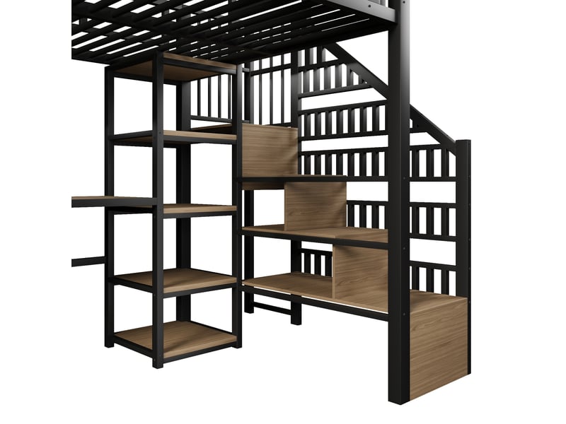  Lit mezzanine 140 x 200 cm bureau intégré rangements escalier led pilotable ports usb métal et mdf noir sans matelas  - Conforama E