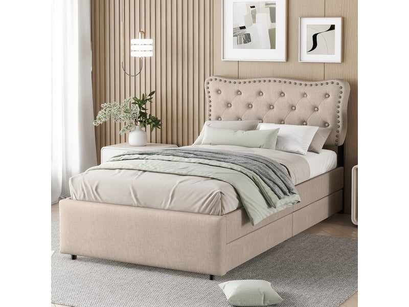  Modenvie lit 1 place 90x200 cm - tête de lit réglable, 2 tiroirs de rangement - usage quotidien - beige  - Conforama E