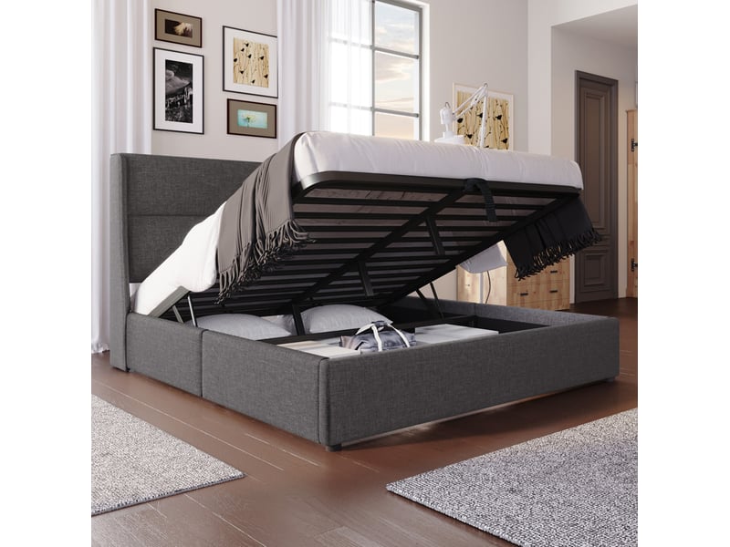  Lit coffre 180 x 200 cm gris en lin avec têtes de lit réglables  - Conforama D
