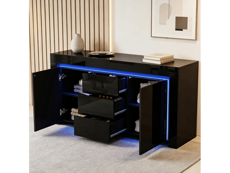 Buffet bas avec 2 portes et 3 tiroirs, led et étagères réglables, noir brillant pour salon en mdf 140 × 40 × 65 cm  - Conforama B