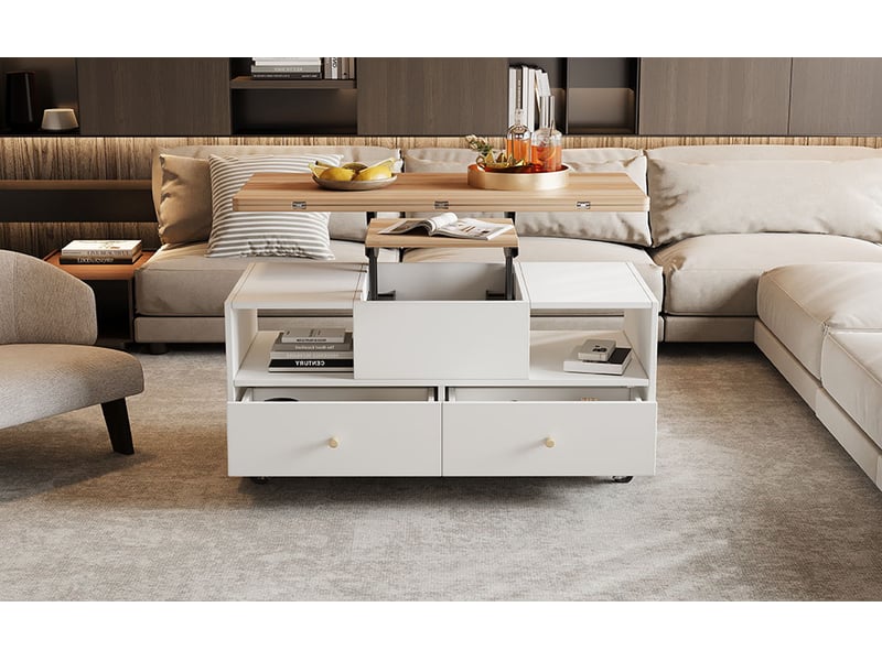 Table basse relevable et extensible en bois et blanc, table basse avec 4 tiroirs sur roulettes, 100x50x47.5cm - Conforama W