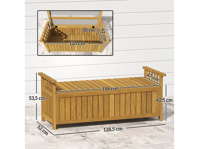 Banc de jardin 2 places en bois avec rangement de 151l banc d'extérieur avec accoudoirs 128,5 x 56 x 53,5 cm marron - Conforama D
