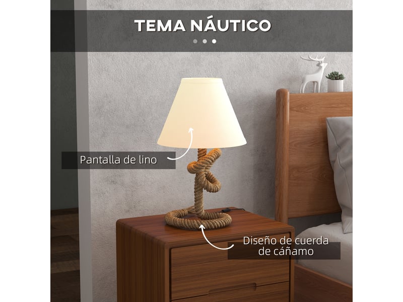  Lampe de table led avec pied en métal, corde en lin et abat-jour en tissu, puissance max. 40 w, ø 28 x 45,5 cm, marron et beige  - Conforama D