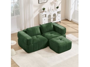 Canapé d'angle modulaire 2 places avec pouf, assise profonde et base antidérapante en polyester vert