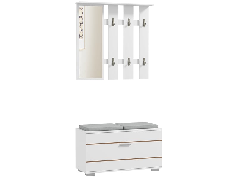  Ensemble de meubles d'entrée avec porte-manteau, miroir, banc avec coussins et étagère à chaussures pour 8 paires de chaussures, blanc  - Conforama A