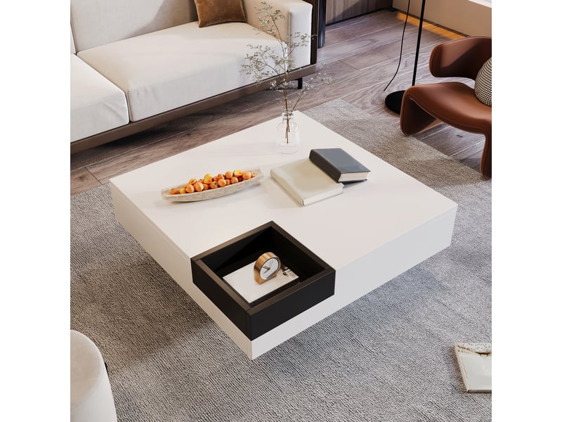 Table basse avec boîte amovible, éclairage multicolore par application, en panneau de particules blanc et noir brillant - Conforama E