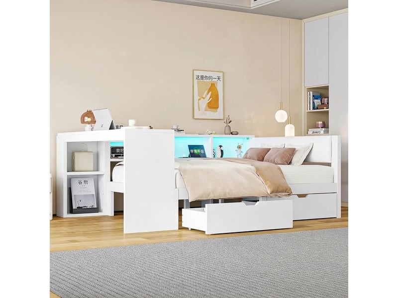  Lit 140x200 avec tiroirs et led, tête capitonnée, station charge usb, blanc  - Conforama B