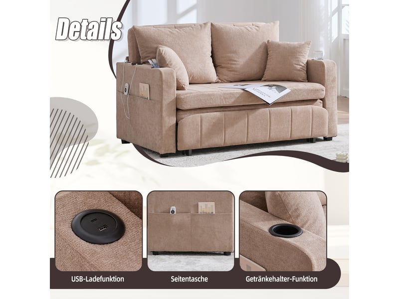  Canapé convertible chenille khaki 139x83cm - canapé lit extensible 3 places avec rangement et coussins inclus  - Conforama R