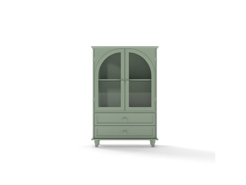  Buffet de cuisine - 71x38x106,5 cm - meuble de rangement style avec portes vitrées cintrées et 2 tiroirs - vert  - Conforama A