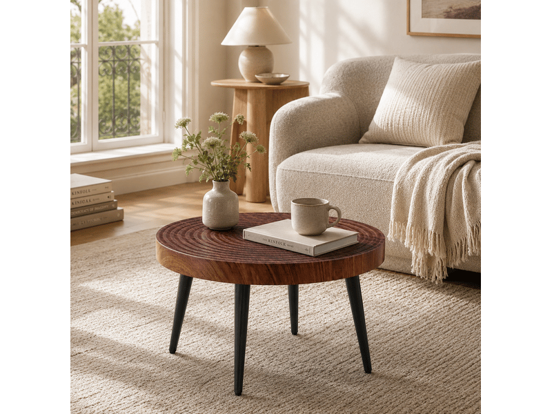 Table basse ronde avec plateau de 5 cm et pieds métalliques à patins réglables pour salon en mdf noyer 60 × 60 × 37 cm - Conforama E