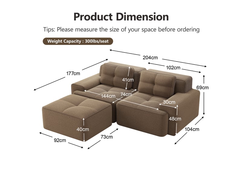 Sofa modulaire en l sans accoudoirs, profond, velours côtelé marron, ottoman et tête de lit - Conforama C