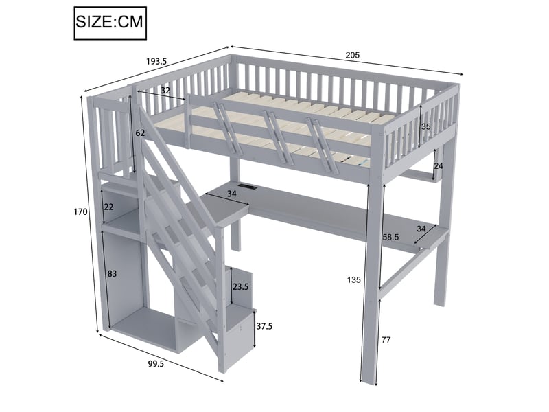 Lit mezzanine 140x200cm avec escalier rangement, bureau intégré, prise usb et led, bois massif gris evarich - Conforama C