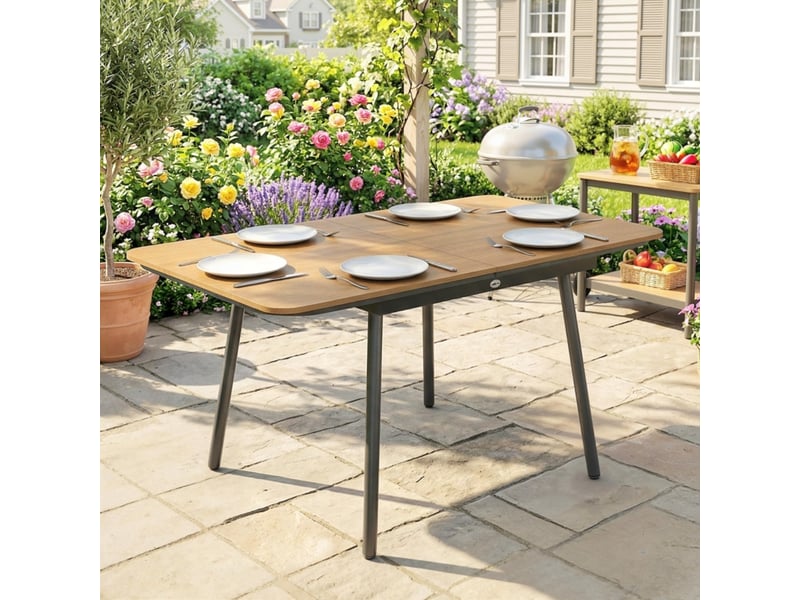  Table de jardin 140x80 cm teck, plateau wpc et structure métallique pour 6 personnes, pieds réglables  - Conforama D