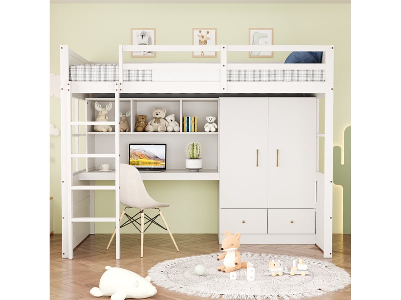  Lit mezzanine enfant 90x200 cm – blanc – bureau, armoire et tiroirs intégrés, avec sommier, sans matelas  - Conforama B
