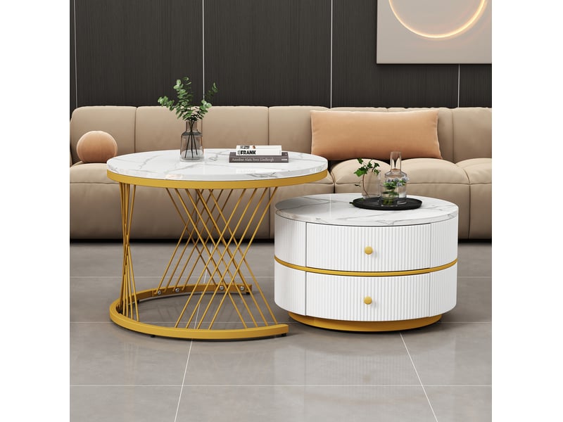  Set tables basses rondes 60x60x46+50x50x31cm 2 tiroirs plateau haut brillant effet marbre(matériau non marbré) mdf blanc  - Conforama R