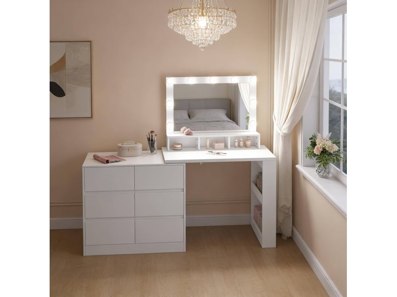 Coiffeuse avec miroir led et rangement 2-en-1, 6 tiroirs, blanc evryae - Conforama B