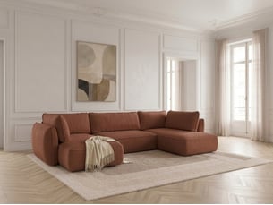 Canapé d'angle gauche convertible <strong>BOBOCHIC</strong> <strong>ESMEE</strong> 5 places Tissu orange avec coffre de rangement
