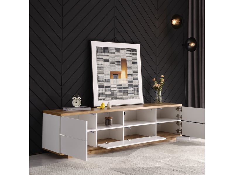  Meuble tv laqué blanc - rangement moderne avec portes et tiroirs, structure en mdf et finition bois clair, 180x38x46 cm  - Conforama B