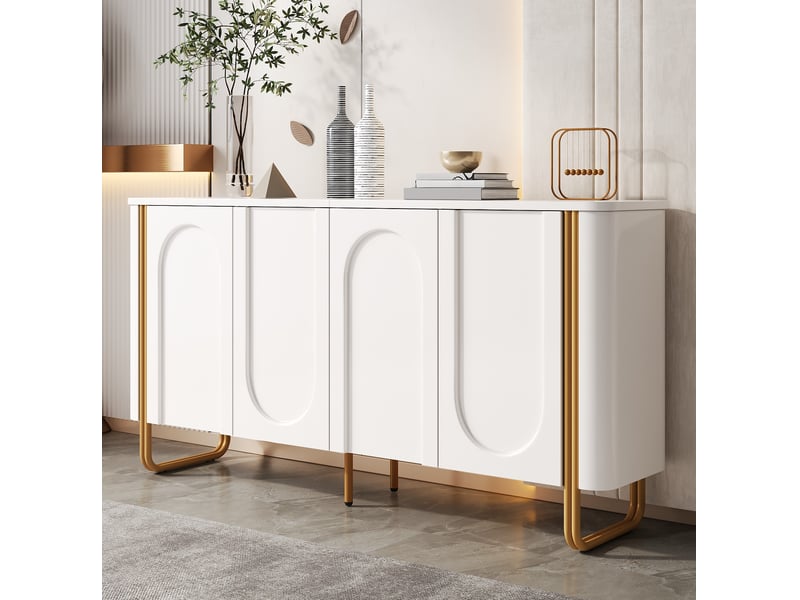  Buffet bas 160 cm en mdf blanc, 4 portes battantes push-to-open, reliefs en arc et pieds en fer doré, style design  - Conforama B