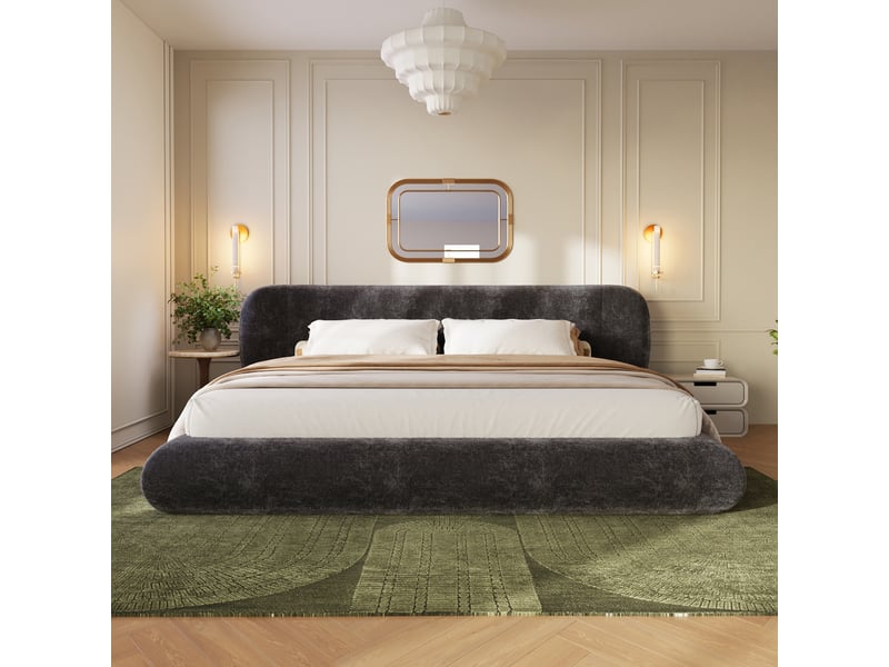  Lit double rembourré 140x190 cm, cadre de lit avec sommier à lattes, tête de lit, mousse épaisse, coins arrondis, chenille (sans matelas), gris CozyNest - Conforama E