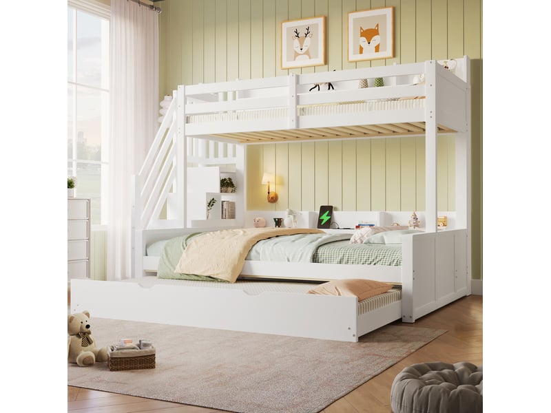 Lit superposé 90x200 et 140x200 cm avec lit gigogne usb et rangements blanc - Conforama D