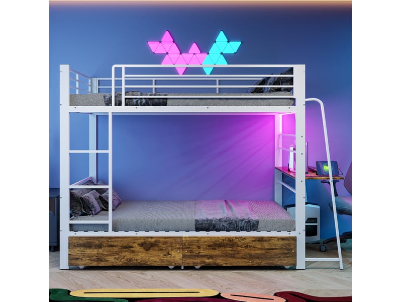  Lit superposé modenvie 90 x 200 cm avec bureau, éclairage led et tiroir de rangement en métal et mdf blanc mat et noyer foncé  - Conforama B