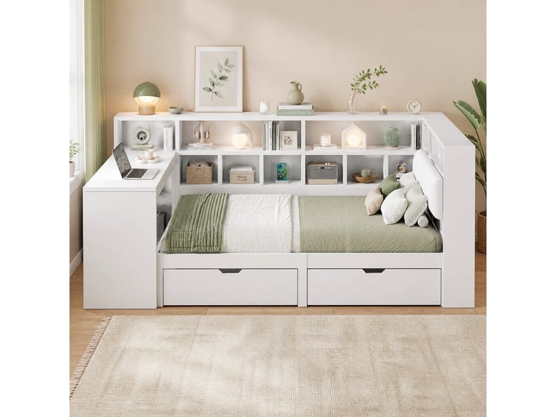 Lit combiné 140x200 cm avec bureau, bibliothèque, tiroirs, led et tête rembourrée blanc - Conforama B