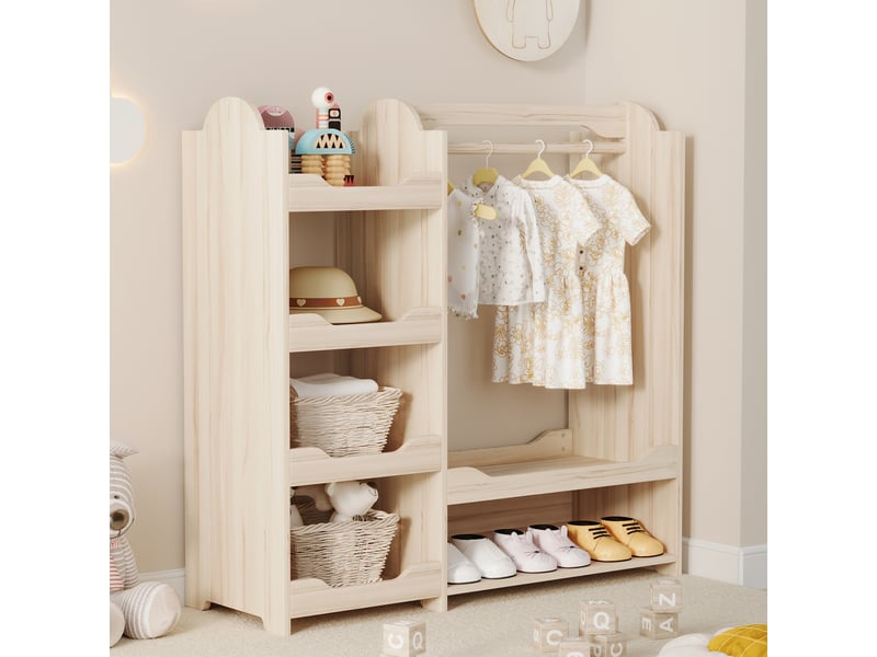  Portant enfant 110x39x110 cm | 4 étagères ouvertes, tringle à vêtements, rangement pour chambre d'enfant, bois naturel  - Conforama E