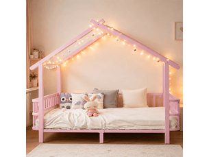Lit cabane enfant 90x200 cm - cadre maison avec barrières de sécurité - structure en métal - lit simple - rose