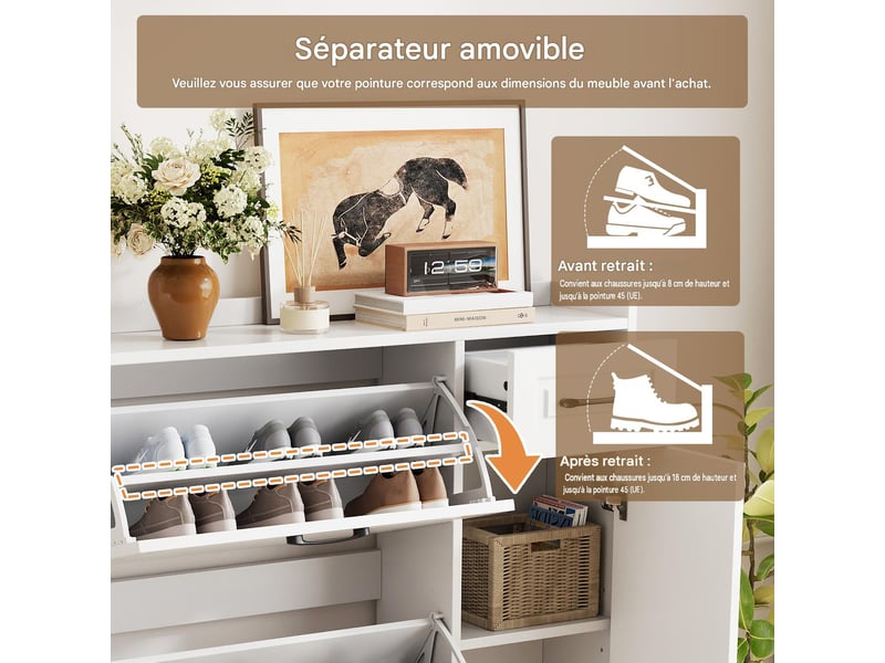  Meuble à chaussures 3 abattants 1 porte 1 tiroir mdf blanc 92x24x121 cm  - Conforama D