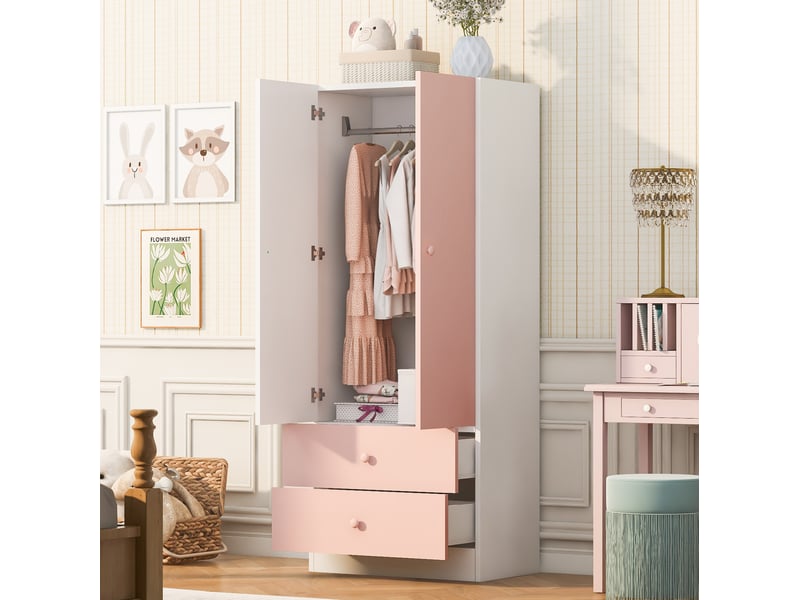  Armoire tcqpz 70 x 40 x 170 cm 2 portes 2 tiroirs espace penderie rose et blanc mdf et contreplaqué  - Conforama B