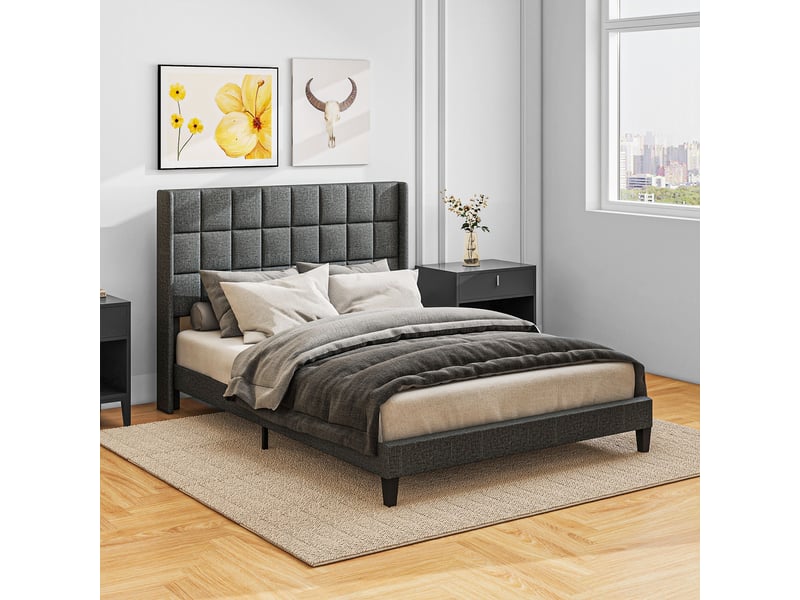  Lit 2 places rembourré 135x190 cm gris, tête de lit capitonnée et rangement sous le lit  - Conforama R
