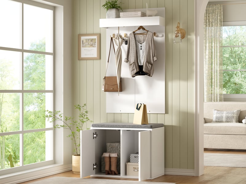 Meubles d'entrée 3 en 1 avec 2 portes, 4 crochets et banc à chaussures pour couloir blanc 60×35×145 cm  - Conforama E