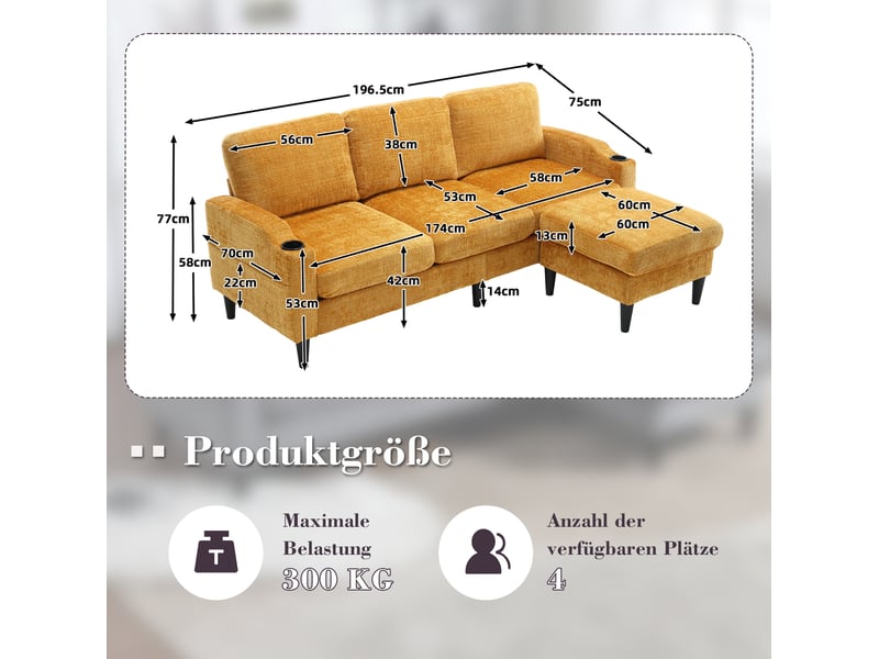  Canapé 3 places 196,5x75x77 cm, avec pouf de rangement, revêtement chenille jaune  - Conforama C
