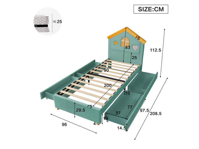  Lit enfant 90x200 cm avec rangement, tête de lit maison, velours français bleu-vert, sans matelas  - Conforama C