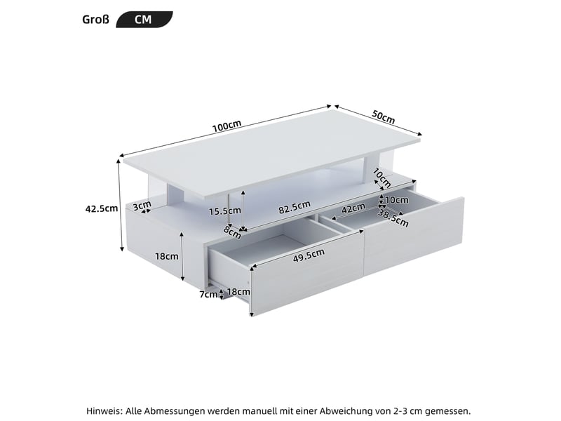  Table basse led blanche 100 x 50 cm avec 2 tiroirs, en panneaux de particules  - Conforama C