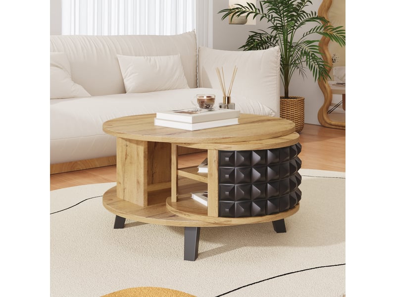  Table basse avec rangement pivotant à 360° en panneau de particules, naturel et noir  - Conforama C