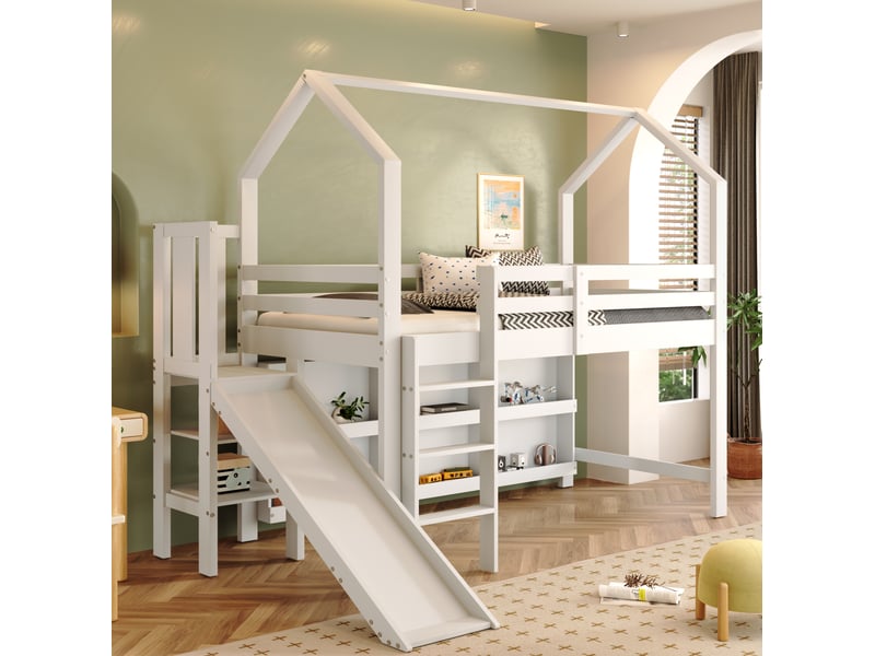  Modenvie lit enfant 90x200 cm - avec toboggan et rangements intégrés, sans matelas - blanc  - Conforama E