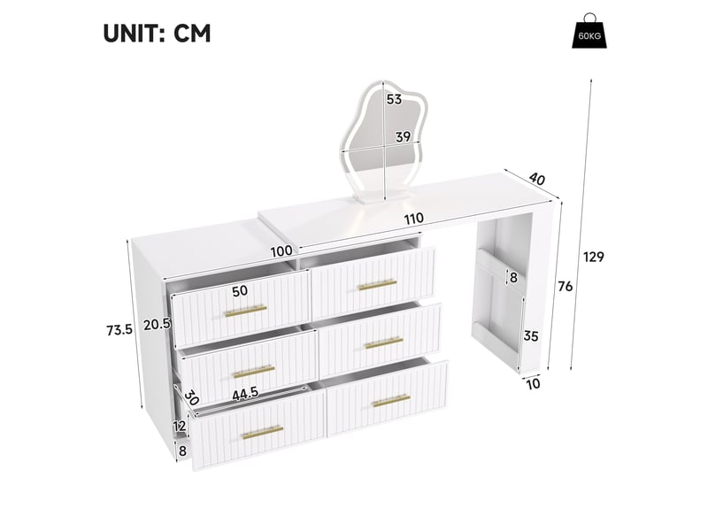  Coiffeuse d'angle blanche avec miroir led 3 couleurs, table de maquillage modulable en l avec tiroirs, 110cm  - Conforama B