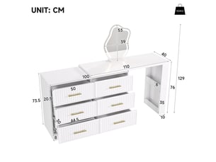 Coiffeuse d'angle blanche avec miroir led 3 couleurs, table de maquillage modulable en l avec tiroirs, 110cm