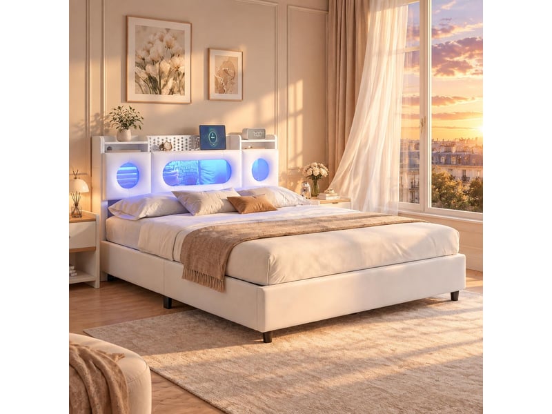  Lit coffre 160x200 cm en tissu lin - éclairage led et port usb - tête de lit avec rangement - sommier à lattes avec rangement hydraulique  - Conforama B