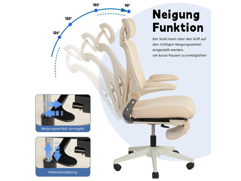  Chaise de bureau ergonomique 62 x 48,5 cm – crème – appuie-tête 3d, accoudoirs rabattables et dossier pliant  - Conforama D